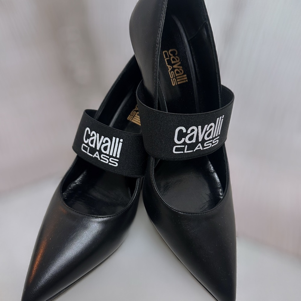 Cavalli Class Black Heels with Logo Strap